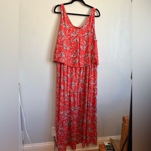 Sleeveless Coral Floral Maxi Dress with Layered Bodice